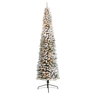 9ft. Flocked Pencil Artificial Christmas Tree with 600 Clear Lights and 896 Branches – Sleek Snowy Holiday X-Mas Tree