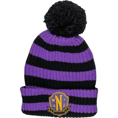 Wednesday Nevermore Academy Cuff Beanie, Jacquad Knit with Embroidered Patch and large Pom Pom,  Purple & Black