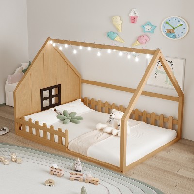 TIRAMISUBEST Full Size Wood House Bed with Window and Fence, Unique Platform Bed Kids' Floor Bed Frame with LED Light