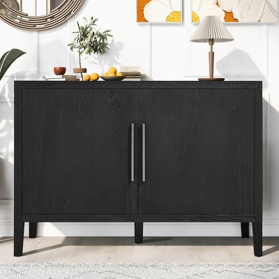 47.2-Inch Sideboard with Ash Veneer and 2 Doors, Retro Buffet with 3-Tier Shelves and Adjustable Feet,Storage Cabinet with Iron Handles for Kitchen