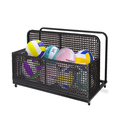 Outdoor Wicker Pool Float Storage, Rolling PE Rattan Caddy with Wheels, Poolside Organizer for Cushions, Noodles, Life Vests and Toys