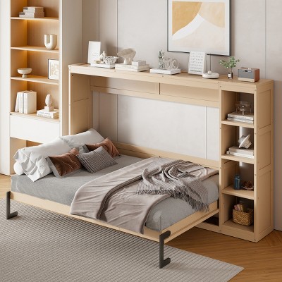 Full Size Murphy Bed with Bookshelf Storage and Space-Saving Design for Small Rooms or Guest Use-3irtyhousy