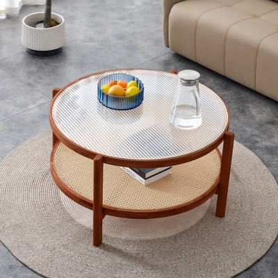 Damerin Modern Chinese Simple Round Rattan 2-layer Center Coffee Table-Walnut