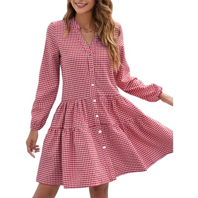 Women's Casual Plaid Dress Long Sleeve V Neck Button Down Short Dress Ruffle Swing Pleated Mini Dress