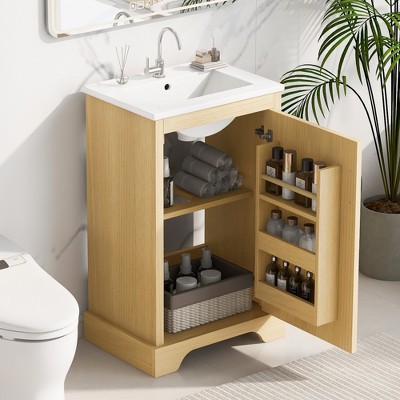 Whisen 20" Bathroom Vanity with Sink, Bathroom Cabinet with Soft Closing Door, Storage Rack and Adjustable Shelf - Natural Wood