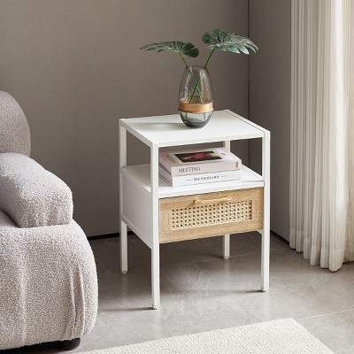 KTMBDW Rattan Nightstand,Modern Night Stand Boho Wood Bedside Table with Storage Drawer Side End Table for Bedroom,Living Room