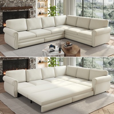TiramisuBest 118" L-Shaped Sofa Couch with Pull-Out Bed, Oversize Convertible Chenille Sectional Sofa, Living Room, Apartment, Office, Light Grey