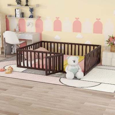 CAVINAS Twin Size Bed Frame, Wood Daybed Frame with Fence and Door, Floor Bed for Kids, Teens, Girls, Boys, Floor Platform Bed