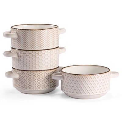 Ceramic Soup Bowls with Handles, 26.5 oz, Set of 4, Cream/Copper, Narbonne Collection