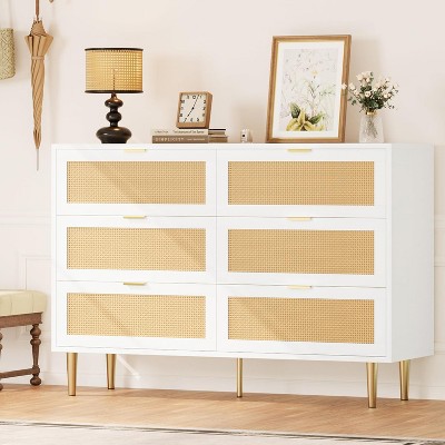 6-Drawer Rattan Dresser with Gold Legs and Handles, Modern Wide Chest of Drawers with Spacious Top and Anti-Tip Safety for Bedroom and Living Room