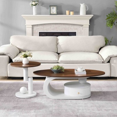 Nesting Coffee Table Set of 2,Oval MDF Coffee Table with Storage for Living Room,Metal Side Table Set for Modern Spaces-Cuddlewood