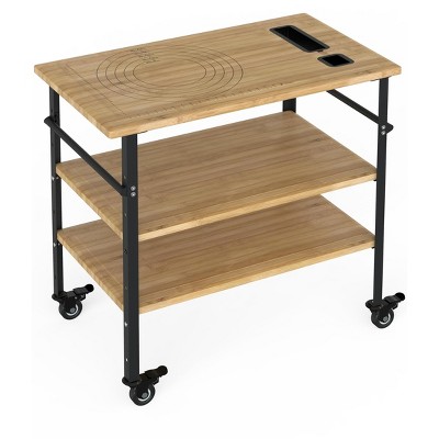 Pizza Oven Table 33"x20"x35.5",3-Tier Bamboo Outdoor Grill Cart,4-Wheel Mobility, Bar Cart Food Prep Table Kitchen Prep/Grill