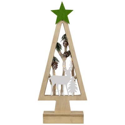 Northlight Lighted Wooden Christmas Tree with Star and Reindeer Woodland Scene - 15"