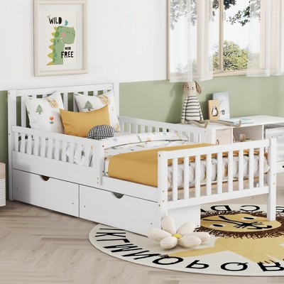 Wood Platform Bed with Guardrails on Both Sides and Two Storage Drawers