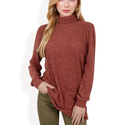 Anna-Kaci Women's Mock NeckRibbed Knit Tunic with Front Pockets for Everyday Wear