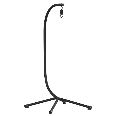 Merrick Lane Heavy Duty All-Weather Hanging Hammock Chair C-Stand with Steel Offset Base and 360 Degree Rotation, Black
