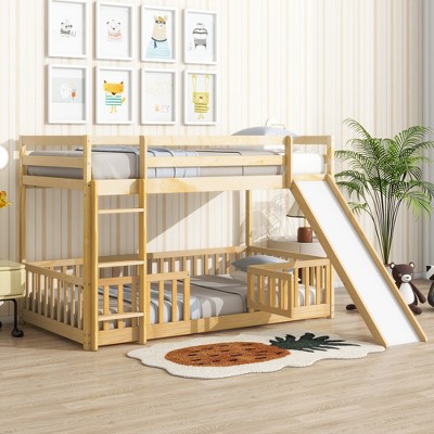 TIRAMISUBEST Twin Over Twin Size Bunk Bed with Ladder & Guardrails, Wood Kids Floor Bed Frame with Slide & Small Door