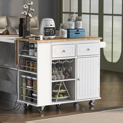 YOOCOZZ Rolling Kitchen Island with Solid Wood Drop Leaf, Power Outlet, Wine Glass Holders and Flexible Desktop Hole