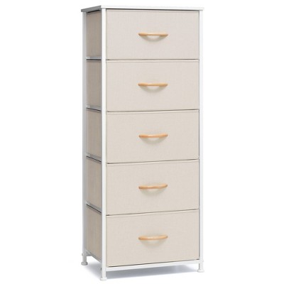 Crestlive Products Vertical Dresser for Bedroom Storage Tower With Steel Frame Wood Top Easy Pull Fabric Bins
