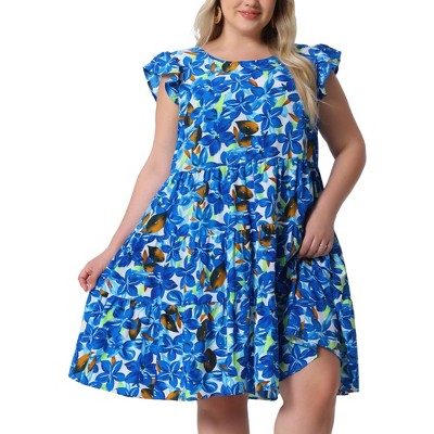 Agnes Orinda Women's Plus Size Boho Flutter Sleeves Round Neck Floral Ruffle Midi A Line Babydoll Dress