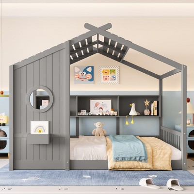 Twin/Full Size House Platform Bed Frame Toddler Floor Bed Kids Montessori Bed Playhouse Bed with Storage Shelf - ModernLuxe