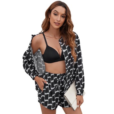 Womens Button Down Shirts and Shorts Set Two Pieces Pajama Set Summer Casual Long Sleeve Outfits with Pockets