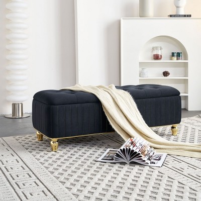 Grungis Velvet Storage Benches,Tufted Upholstered Storage Ottoman with Gold Embroidery Footstool,Storage Ottoman Benches for Living Room,Bedroom