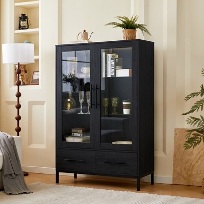 TiramisuBest 60'' Tall Display Cabinet with Tempered Glass Door, LED Lighting, 2 Drawers, Modern Style Storage Cabinet