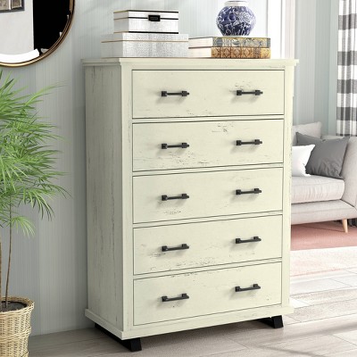 38" Wide Chest of 5 Drawers with Stylish Metal Wood Grain Handles Saw Cut Off White - Festivo: Modern Farmhouse MDF Storage Organizer