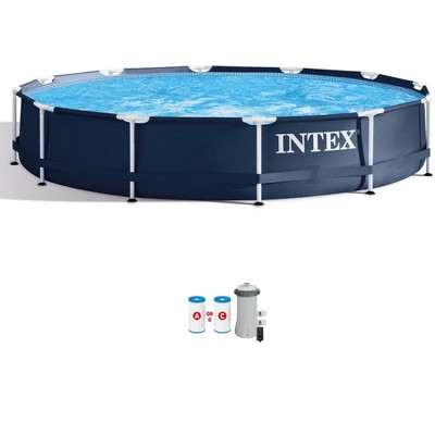 Intex Metal Frame Round Above Ground Outdoor Swimming Pool with Pump