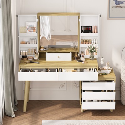 COZONY Makeup Vanity with Lights & Mirror - White Vanity Desk, Charging Station & Storage Cabinet