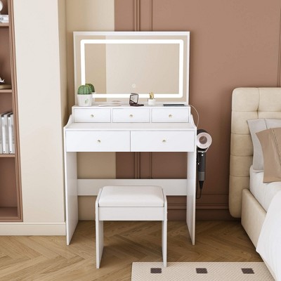 ORRD White Modern Vanity Desk with Mirror – 5 Drawers, Power Outlet, Hair Dryer Holder, 3-Color Lighting