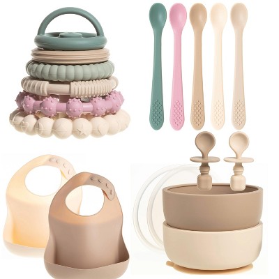 Silicone Baby Essentials Bundle – Stacking Toy, Feeding Bibs, Suction Bowls with Spoons & First-Stage Spoons – BPA-Free, Safe for Infants & Toddlers