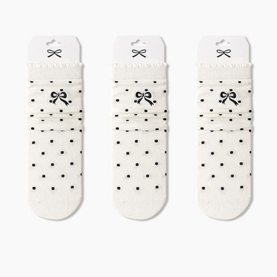 Anna-Kaci 3-Pair Soft Polka Dot Socks with Bow Embroidery and Ruffled Cuff Design
