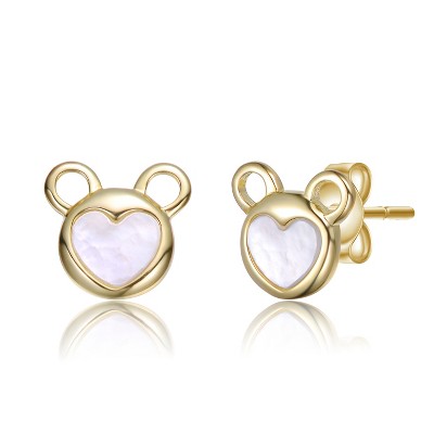 Guili 14K Gold Plated with White Mother Of Pearl Bear-Eared Heart Stud Earrings For Kids