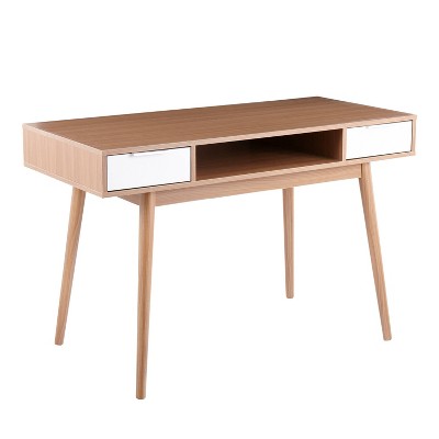Pebble Double Contemporary Computer Desk Wood Natural/White - LumiSource: Mid-Century Modern Style with Storage Drawer