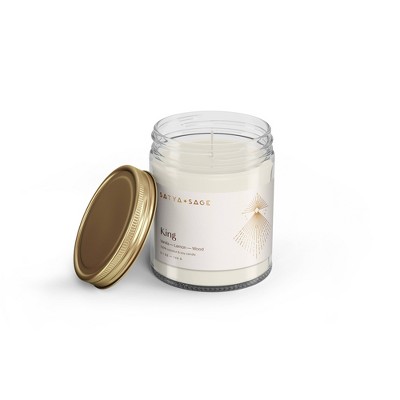 5oz King Candle - Satya + Sage: Coconut Soy Blend, Glass Jar with Lid, Woodsy Scent, 29hr Burn Time