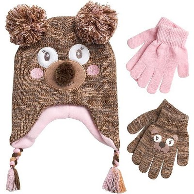 Girls Critter Winter Hat and 2 Pair Gloves or Mittens (Toddler/Little Girls)