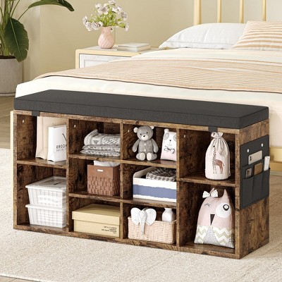 WhizMax Shoe Storage Bench, 10 Cubbies, Cushion, Adjustable Shelves, Entryway Bench, 41x12x20.8 inches, Gray