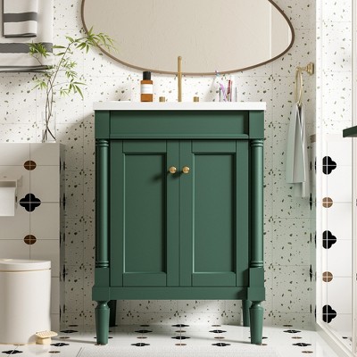 24" Bathroom Vanity with Ceramic Sink, 2-Tier Storage Cabinet, Retro Vanity with Soft-Close Doors and Large Shelves - ModernLuxe