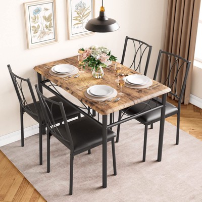 Table and Chairs Set of 4 Person, Metal Frame Modern Rectangular Wood Tabletop With Upholstered Chairs