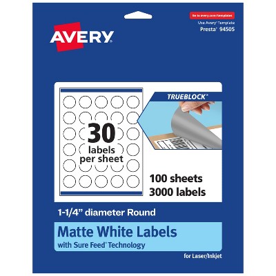 Avery TrueBlock Matte White Paper Labels,  1-1/4" diameter Round