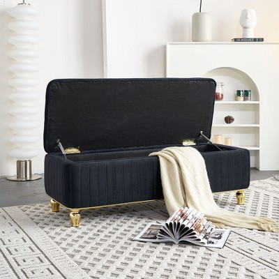 Okak Modern Luxury Flip Top Deep Button Ottoman Bench with Gold Decor & Metal Legs,Upholstered Storage Bench for Living Room,Bedroom