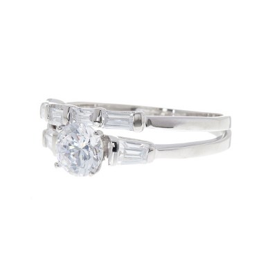 SHINE by Sterling Forever Sterling Silver Brilliant Engagement Ring w/ Baguette Sides & Band