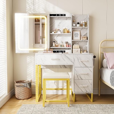 Vanity Desk, Makeup Vanity Desk with Sliding LED Lighted Mirror, Power Outlet, Makeup Vanity Set