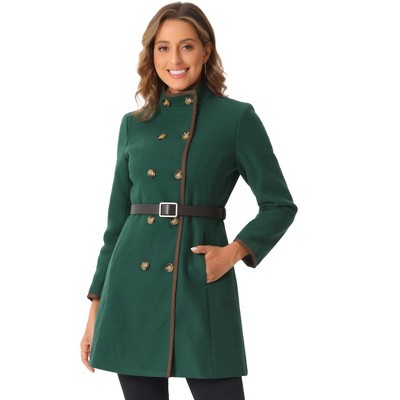 Allegra K Women's Stand Collar Slant Pockets Winter Belted Long Overcoat