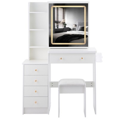 Gulches Elegant White Vanity Tables Set with Sliding Mirror Power Station