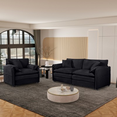 2-Piece Chenille Cloud Sofa Set with 3 Pillows, Loveseat and Single Sofa