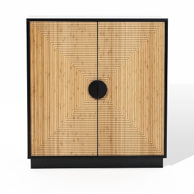 LuxenHome Modern Boho 2-Door Black Accent Cabinet with Bamboo Strips Brown