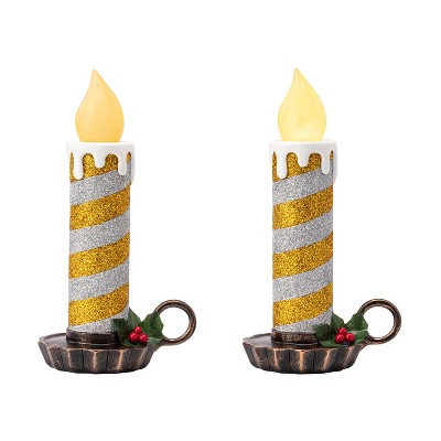 Mr. Christmas 9.5" Set of 2 Flickering LED Resin Glittery Striped Candles - Gold & Silver